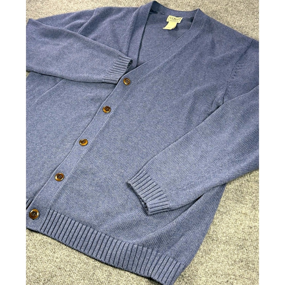 L.L.Bean Mens XL Regular Blue Cotton Knit V-Neck Button Front Cardigan Sweater